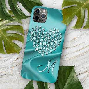 Coque iPhone 15 Mini Aqua Turquoise Diamants Personnalisé Motif Cœur d'
