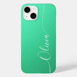 Coque Pour iPhone 14 Aquamarine Blanc Élégant Calligraphie Nom de Scrip