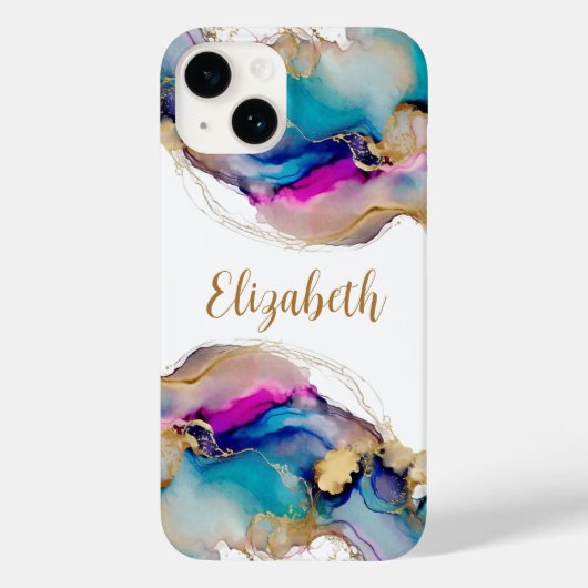Coques Case-Mate iPhone Aquarelle Abstrait Lavis Violet Bleu Or Monogramme (Verso)