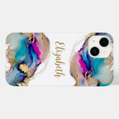 Coques Case-Mate iPhone Aquarelle Abstrait Lavis Violet Bleu Or Monogramme (Verso (horizontal))