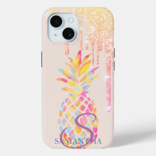 Coque Pour iPhone 15 Aquarelle Ananas Paillettes Gouttes