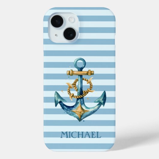 Coques Case-Mate iPhone Aquarelle Ancrage Marin Bleu Clair Rayures (Verso)