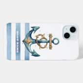 Coques Case-Mate iPhone Aquarelle Ancre marine Bleu clair rayures (Verso (horizontal))