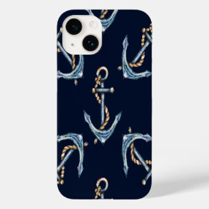 Coque Pour iPhone 14 Aquarelle Ancres Bleu Nuit