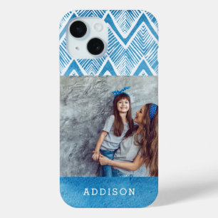 Coque Pour iPhone 15 Aquarelle bleu Boho Chevron   Photo monographique