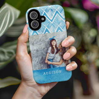Coques iPhone 16 Aquarelle bleu Boho Chevron | Photo monographique
