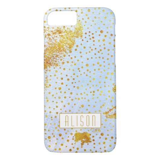 Coques Case-Mate iPhone Aquarelle bleu clair et confetti en feuille d'or (Dos)