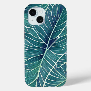 Coque Pour iPhone 15 Aquarelle Bleu Vert Turquoise Feuilles tropicaux