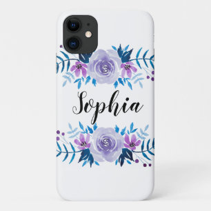 Case-Mate iPhone Case Aquarelle bleu violet couronne florale Texte perso