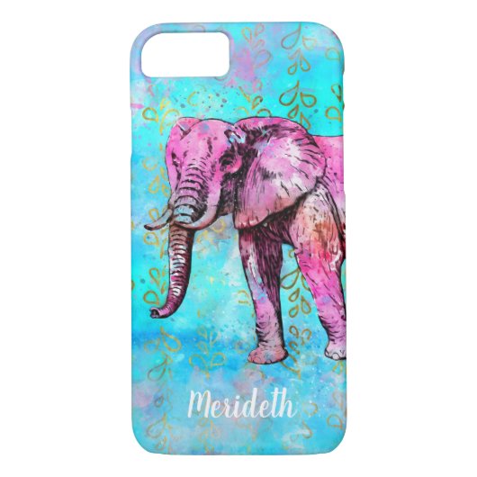 Coques Case-Mate iPhone Aquarelle bleue faite sur commande d'éléphant rose (Dos)