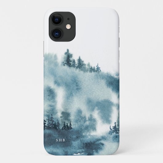 Coques Case-Mate iPhone Aquarelle Blue Winter Forest Monogramme (Dos)