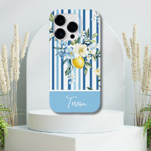 Coque Pour iPhone 14 Pro Aquarelle Citron Bleu Bleu Blancs