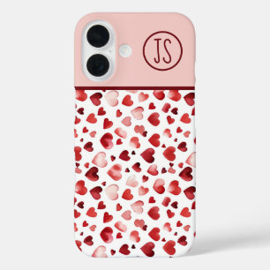 Coques iPhone 16 Aquarelle Coeurs rouges Saint Valentin Monogrammé