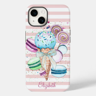 Coque Pour iPhone 14 Aquarelle Crème glacée, Macarons, Bandes roses
