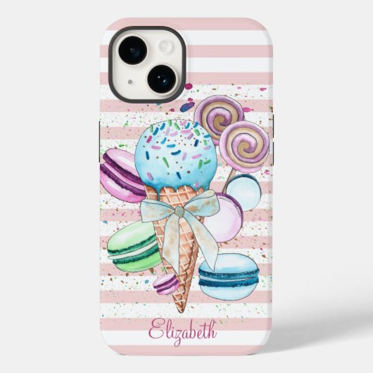 Coques Case-Mate iPhone Aquarelle Crème glacée, Macarons, Bandes roses (Verso)