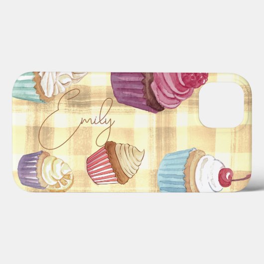 Coques Case-Mate iPhone Aquarelle Cupcake Jaune Plaid Monogramme Baker (Verso (horizontal))