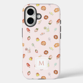 Coques iPhone 16 Aquarelle de fille Dessert Motif rose Monogramme