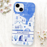 Coque Pour iPhone 14 Aquarelle de l'île grecque de Santorin personnalis<br><div class="desc">Paysage bleu et blanc aquarelle basé sur Oia sur l'île grecque de Santorin. Modifiez le nom pour customiser. Art original de Nic Squirrell.</div>