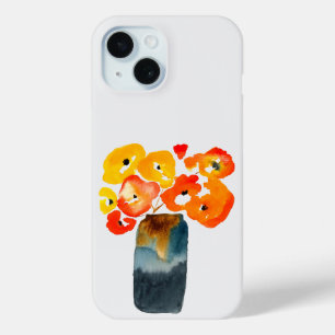 Coque Pour iPhone 15 Aquarelle de pavot orange et rouge