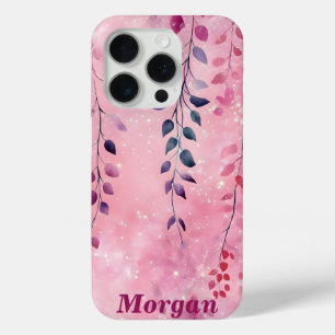 Coque iPhone 15 Pro Aquarelle Élégante Vignes avec Arrière - plan rose