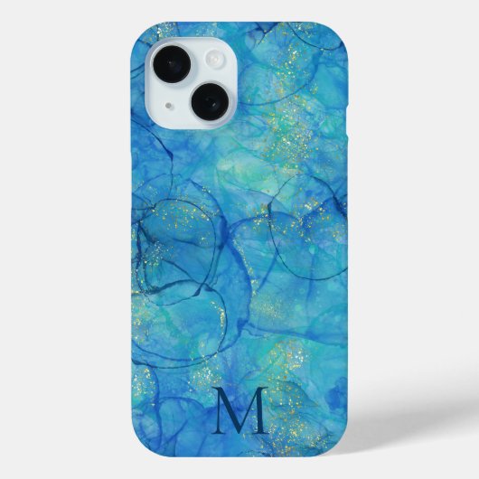 Coques Case-Mate iPhone Aquarelle encre bleu et or + monogramme (Verso)