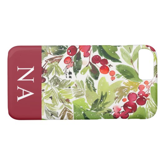 Coques Case-Mate iPhone Aquarelle feuillage monogramme de Noël initial (Dos (Horizontal))