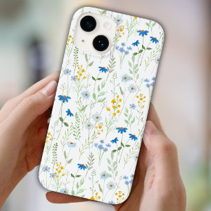Coque Pour iPhone 14 Aquarelle Fleur Sauvage Bleu Jaune
