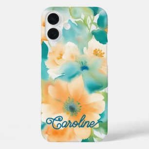 Coques iPhone 16 Plus Aquarelle fleur sauvage orange turquoise