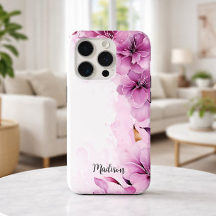 Coque iPhone 15 Pro Aquarelle Fleur sauvage rose Avec Nom
