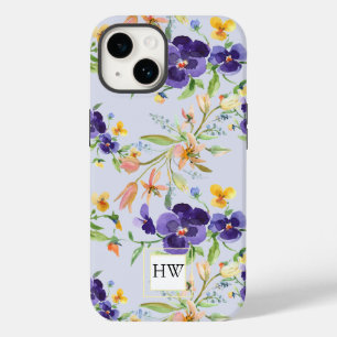 Coque Pour iPhone 14 Aquarelle Fleur sauvage violet Monogramme