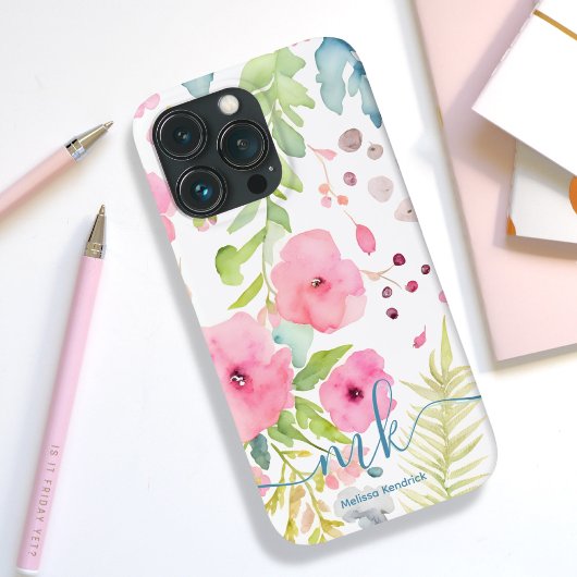 Coques Case-Mate iPhone Aquarelle Fleurs roses Ferns Meadow Nom du monogra