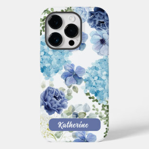 Coque Pour iPhone 14 Pro Aquarelle floral bleu hydrangea design