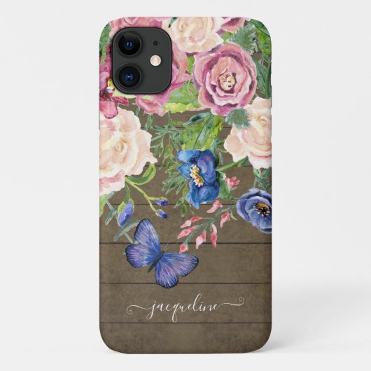 Coques Case-Mate iPhone Aquarelle Floral Rustique Bois Butterfly Script (Dos)