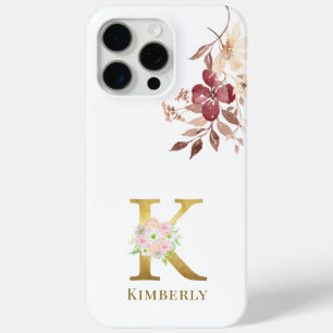 Coque iPhone 15 Pro Max Aquarelle Florale & Lettre or K Monogramme