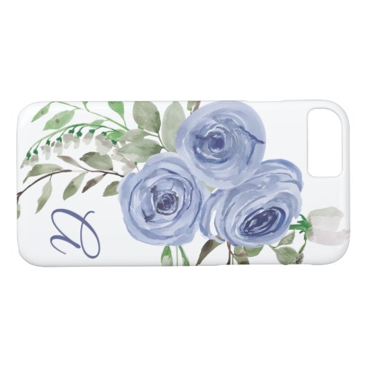 Coques Case-Mate iPhone Aquarelle florale Lumière Marine bleu Monogramme S (Dos (Horizontal))