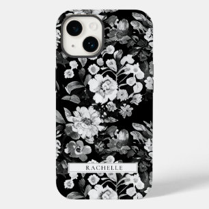 Coque Pour iPhone 14 Aquarelle florale noire et blanche Personnalisée