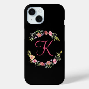 Coque Pour iPhone 15 Aquarelle florale rose, jaune et verte avec monogr