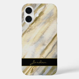 Coques iPhone 16 Aquarelle Flux en Gris Tan Bleu & Or avec nom