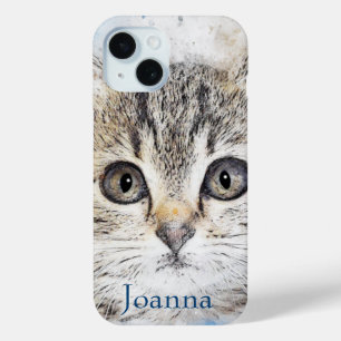 Coque Pour iPhone 15 Aquarelle Gris Kitts sur Bleu