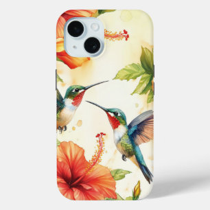 Coque Pour iPhone 15 Aquarelle Hummingbird and Flowers Design