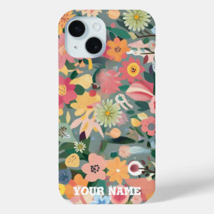 Coque Pour iPhone 15 Aquarelle Jardin Fleur Vibrant Vert et pêche