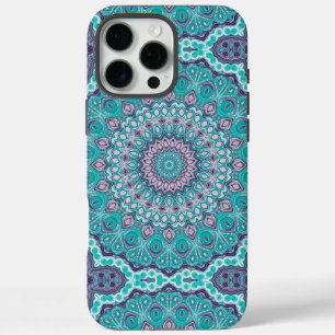 Coques iPhone 16 Pro Max Aquarelle Mandala en Turquoise et violet