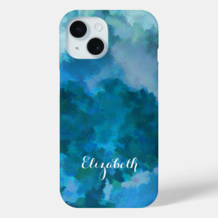 Coque Pour iPhone 15 Aquarelle moderne Bleu Vert Nom personnalisé Modèl