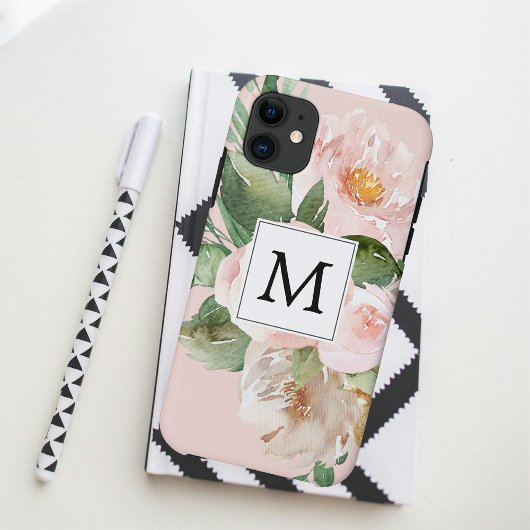 Coques Case-Mate iPhone Aquarelle moderne Fleurs roses Monogrammes