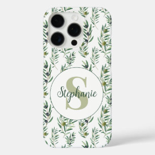 Coques iPhone 16 Pro Aquarelle Monogramme Nom Motif Branches d'Olivier