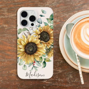 Coque iPhone 15 Pro Max Aquarelle monogramme Vintage Tournesol rustique