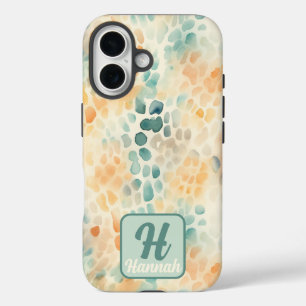 Coques iPhone 16 Aquarelle monogrammée personnalisée bleu vert jaun