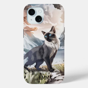 Coque Pour iPhone 15 Aquarelle Noir et Blanc Fluffin Chat dans la natur
