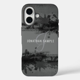 Coques iPhone 16 Aquarelle noire abstraite peinture gris monogramme