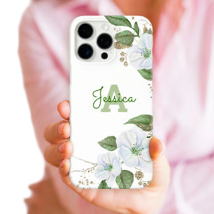 Coques iPhone 16 Pro Max Aquarelle or blanc Floral Monogramme Script chic